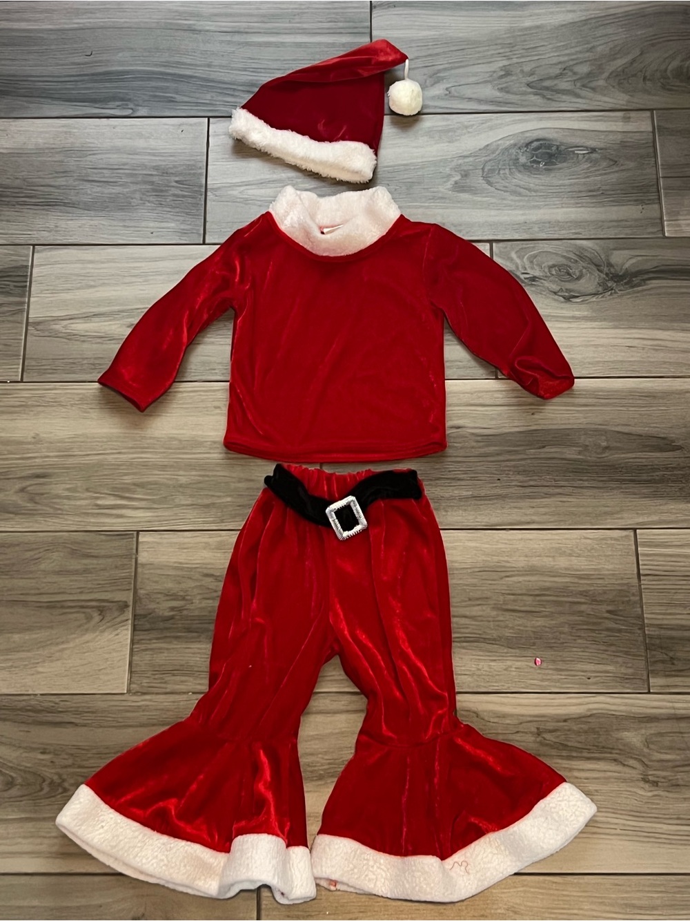 Amazon Red and White Velvet Holiday Kids Costume with Hat and Belt 18-24M